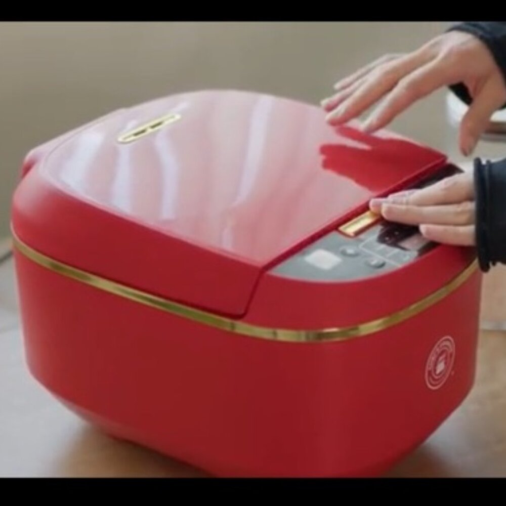 Red Electric Rice Cooker with Gold Trim